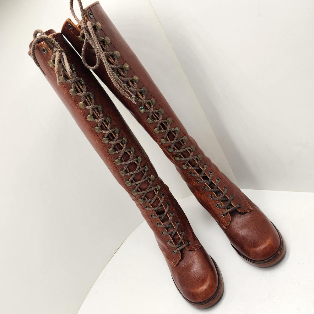 Vintage Thom McAn boots women 6.5 brown leather lace up knee high heel Made USA - Picture 3 of 16